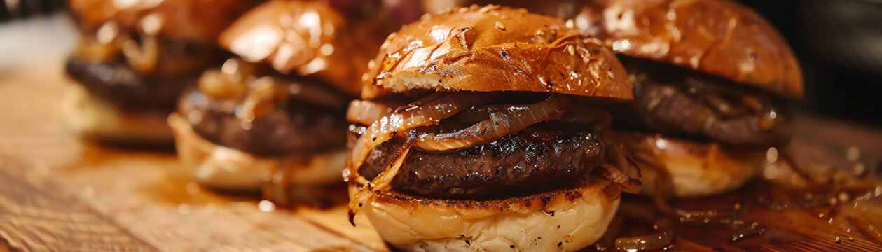 A delicious and juicy burger with caramelized onions on a toasted bun. The perfect comfort food!