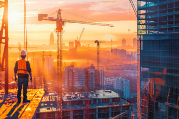 Naklejka premium A panoramic view of a bustling construction site with towering cranes and busy workers. A young man with a hard hat and safety vest stands at the edge of the site, surveying the progress