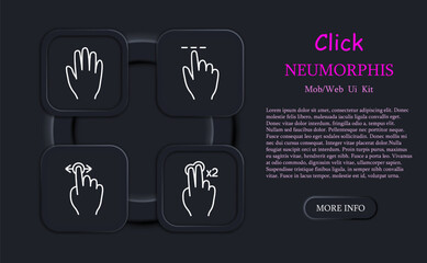 Click set icon. Press, double touch, swipe left and right, hold, 3D touch, hold, hold, swipe with two fingers, smart movement, scroll, move, neomorphism. Abstract gestures concept.