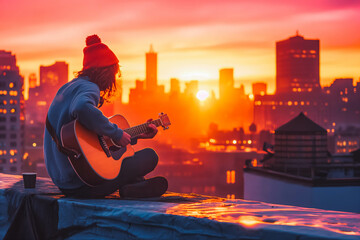 A passionate musician playing guitar on a rooftop at sunset.