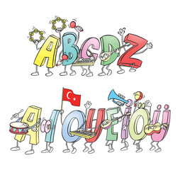 Turkish letters are in orchestra. Letters holding Turkish flag. Turkish letter orchestra. Turkish vowels.