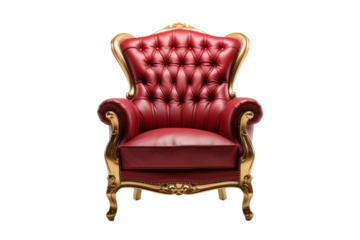 Regal Crimson Throne: A Red Leather Chair With Gold Trimming. On a White or Clear Surface PNG Transparent Background.