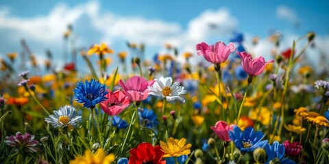 Obraz premium Close-Up of Wildflowers on a Sunny Day. Colourful Nature Background.