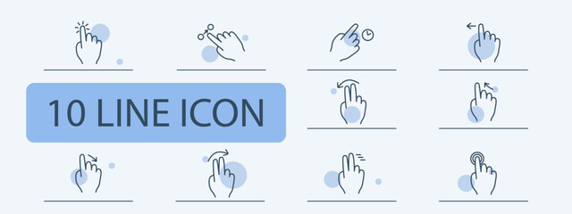 Click set icon. Press, double touch, swipe left and right, hold, 3D touch, hold, hold, swipe with two fingers, smart movement, scroll, move. Abstract gestures concept.