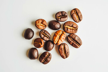 A selection of aromatic coffee beans, their rich scents and earthy hues enticing the senses against a pristine white surface.