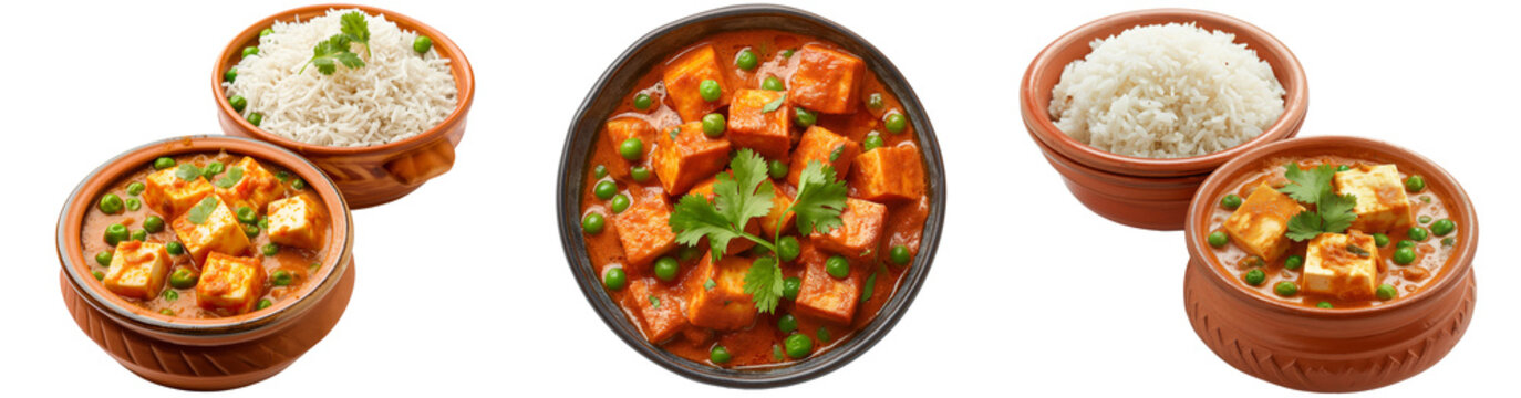 mutter panner with boiled rice in bowl handi, green peas, and cottage cheese curry, isolated transparent png, Indian traditional local food dish