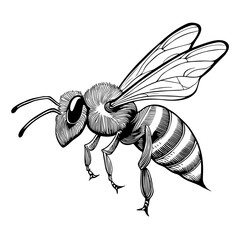 Abeille en vol, profil, icone, dessin vectoriel, noir et blanc, gravure ancienne