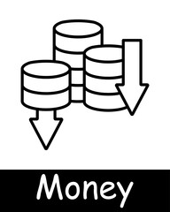 Money set icon. Coins, arrows, profits, losses, financial cycle, deposit, investment, increasing profits, bullion, dollar, bank transfer, large amount of money. Working with money concept.
