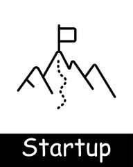 Startup icon set. Loudspeaker, magnifying glass, statistics, graphs, rocket, percentage, diagram, path to goal, strategy, saving money, puzzle, task, right on target. Commercial project concept.
