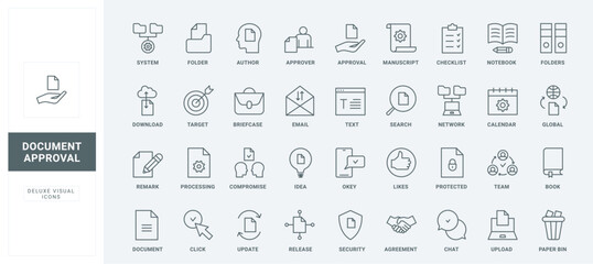 System stamps to release, update and approve files or product, process agreement and checklist on clipboard thin black and red outline symbols, vector illustration. Documents approval line icons set