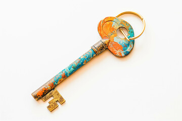 A single, colorful key with a worn head and a decorative key ring, resting on a clean white background.