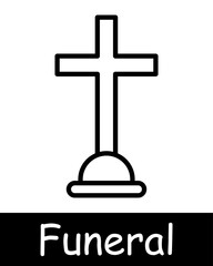 Funeral set icon. Grave, cross, Christianity, faith, burial, mound, candle, flame, portrait, ritual photo on monument, coffin, Turkish funeral traditions, temple, funeral slab. Obsequies concept.
