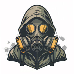 Person wearing gas mask hooded jacket apocalypse concept vector logo style. White isolated background. Generative AI image.