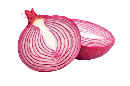The Crimson Slice: Red Onion Artistry. On a White or Clear Surface PNG Transparent Background.
