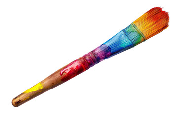 Fototapeta premium A paintbrush with a rainbow of colors on it. The brush is long and thin, with a wooden handle. The colors on the brush are vibrant and eye-catching, suggesting that it is used for creating colorful