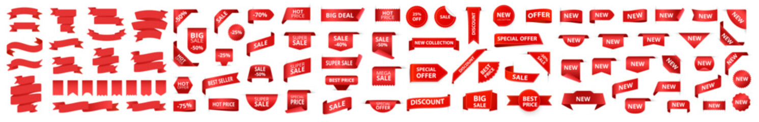 Big set label tags, realistic red price ribbon. Red sale stickers, best sellers, hot price, special offers. Promotional emblems