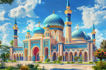 An illustration of the exterior of a beautiful colorful and vibrant mosque