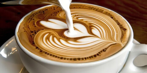 Barista Craft: Detailed Close-Up of Milk Being Poured into a Latte, Creating an Intricate and...