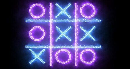 Blue and pink Tic Tac Toe game icon on a black background. Glowing neon line Tic Tac Toe X-O game icon on a black background. Technology video material animation. Easy to use in any video.