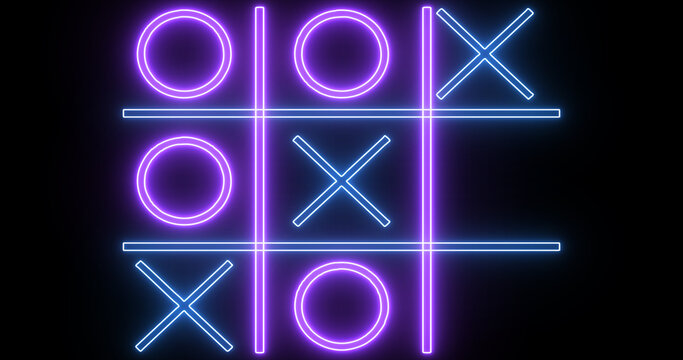 Blue and pink Tic Tac Toe game icon on a black background. Glowing neon line Tic Tac Toe X-O game icon on a black background. Technology video material animation. Easy to use in any video.