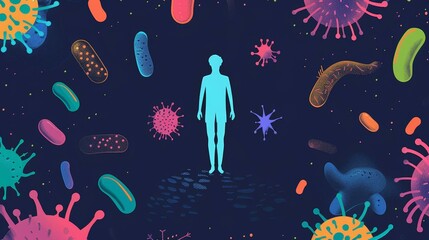 Immune system defense illustration a person shielded by various virus and bacteria forms.