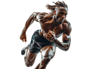 A man running with his arms outstretched. He is wearing black shorts and a black shirt