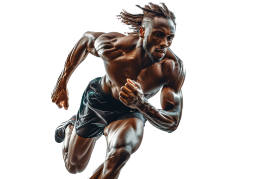 A man running with his arms outstretched. He is wearing black shorts and a black shirt