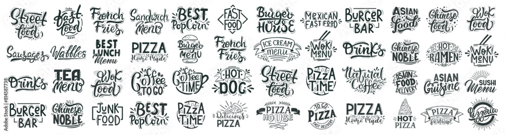 Wall mural big set fast food lettering. hand drawn labels for bars, cafes selling pizza, ramen, waffle, popcorn