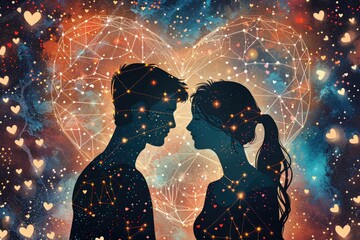 Astrological compatibility of the couple. Against a background of heart-shaped stars