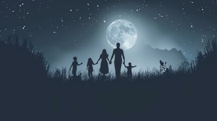 Happy family walks under moonlight, silhouetted in the night.