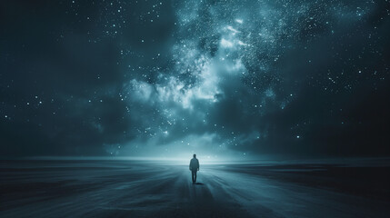 Loneliness under the starry sky, one man walking in the night
