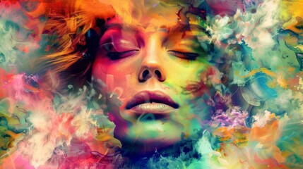 Naklejka premium Woman meditates with closed eyes against an abstract backdrop, symbolizing creativity.