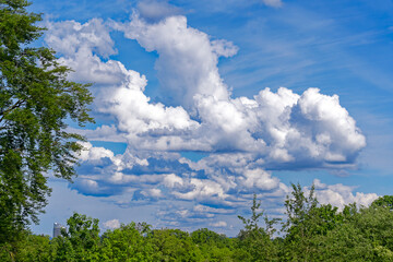 Scenic view of scenic landscape with blue sky and fluffy white clouds background at Swiss City of Zürich on a sunny afternoon. Photo taken May 13th, 2024, Zurich, Switzerland. © Michael Derrer Fuchs