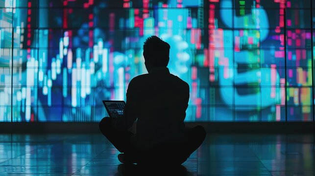 The silhouette of a trader in a contemplative pose, studying financial data on a digital tablet against the backdrop of virtual screens displaying candlestick charts.  - Powered by Adobe