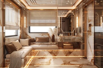 A lavish Restroom interior with glossy white and brown marble, basin with tile texture and classy mirror above it, seating couch next to a window, and a sophisticated light fixture. 3D Rendering