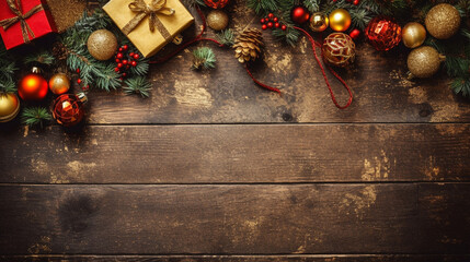 from above red and gold christmas decorations on a rustic wooden background, copy space, seasonal concept