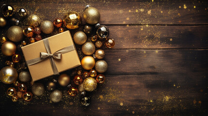 Naklejka premium from above gold christmas decorations and gifts on a rustic wooden background, copy space, seasonal concept