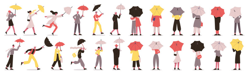 Big set people with umbrella. Young stylish people in stormy weather. Male and female characters walking outside