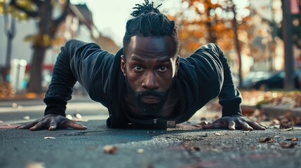 An urban fitness enthusiast pushing himself to the limit with push-ups on the pavement, incorporating outdoor fitness equipment for a well-rounded workout. - Powered by Adobe