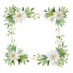 edelweiss themed frame or border for photos and text. with small white flowers and green leaves. watercolor illustration, Invitation card with wreath, frame and floral elements for creative own design