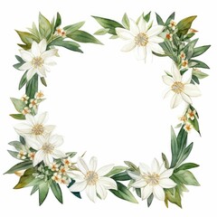 Obraz premium edelweiss themed frame or border for photos and text. with small white flowers and green leaves. watercolor illustration, Invitation card with wreath, frame and floral elements for creative own design