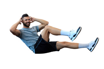 Fototapeta premium Attractive man working in pairs performing sit ups on a transparent background