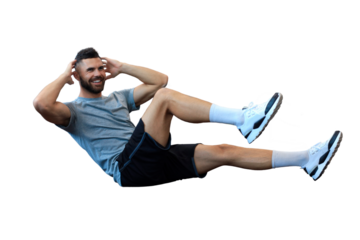 Attractive man working in pairs performing sit ups on a transparent background