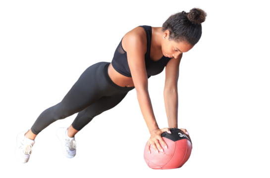 Beautiful young sports African woman is working out with medicine ball on a transparent background - Powered by Adobe