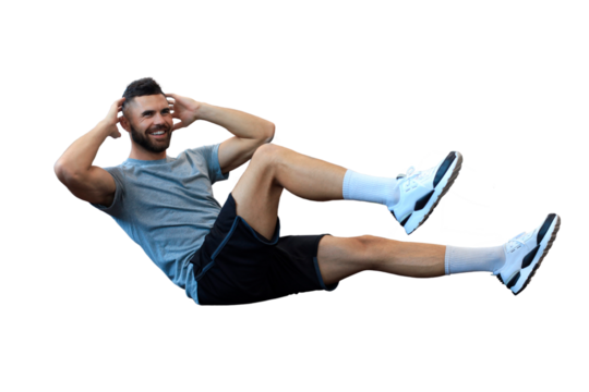 Attractive man working in pairs performing sit ups on a transparent background - Powered by Adobe