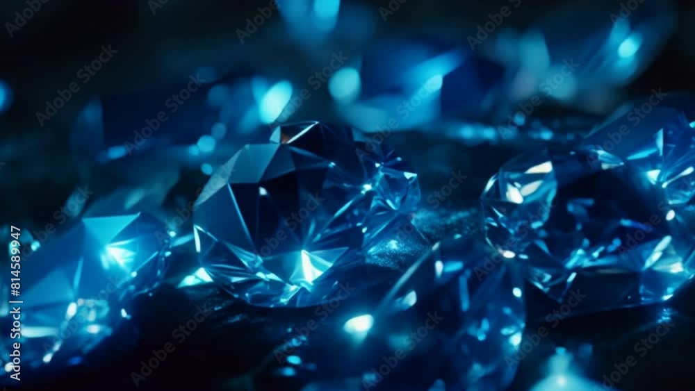 Poster a close up of four blue diamonds. the diamonds are all different sizes and are set in a black backgr