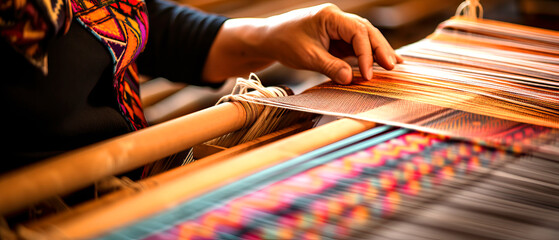 Close up of hands weaving on a loom with wood, creating a pattern