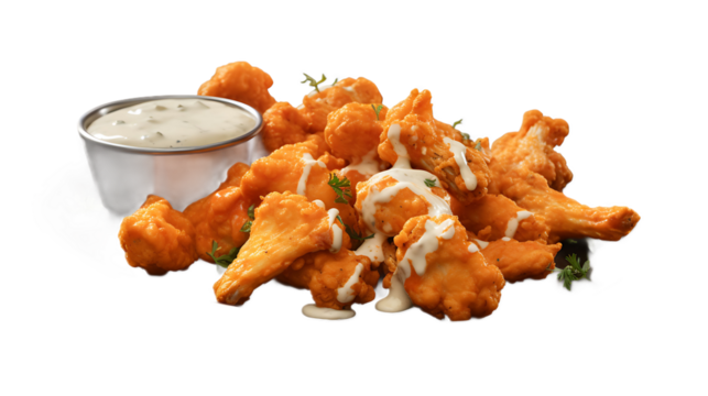 A buffalo cauliflower wing with ranch dipping sauce and a transparent background.