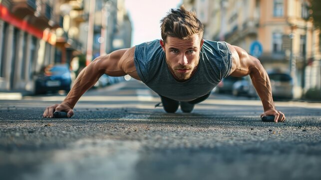 An energetic urban athlete performing push-ups on the pavement, utilizing outdoor fitness equipment to enhance his strength training routine.  - Powered by Adobe