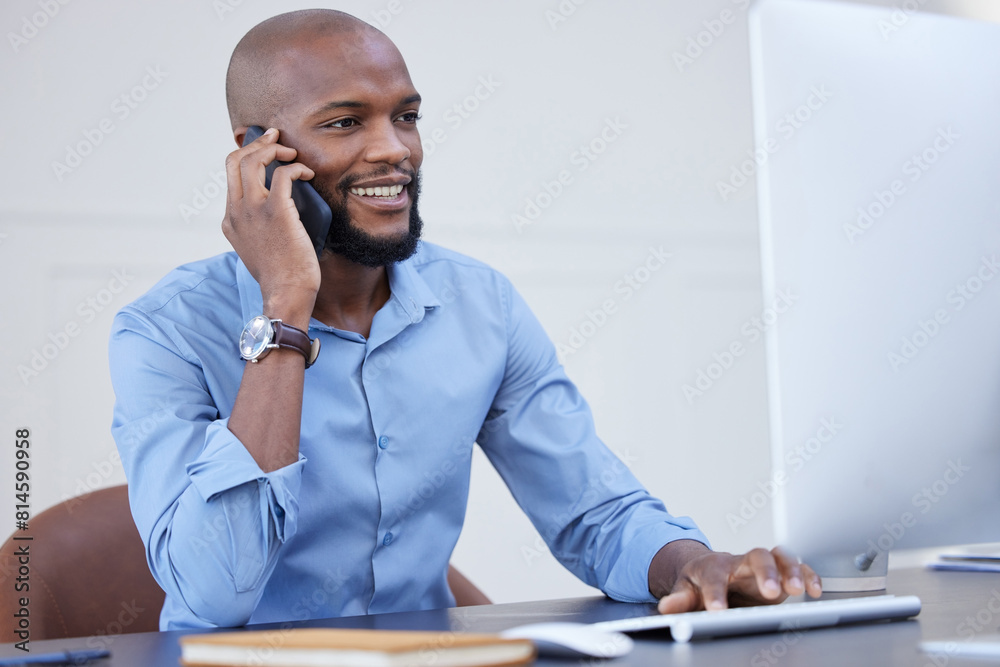 Poster black man, office and conversation on phone call with computer for online research, information and 